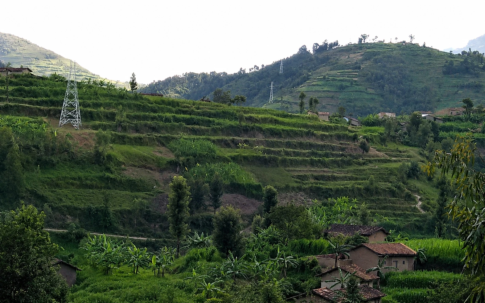 110kV overhead transmission route through mountainous terrain in Rwanda