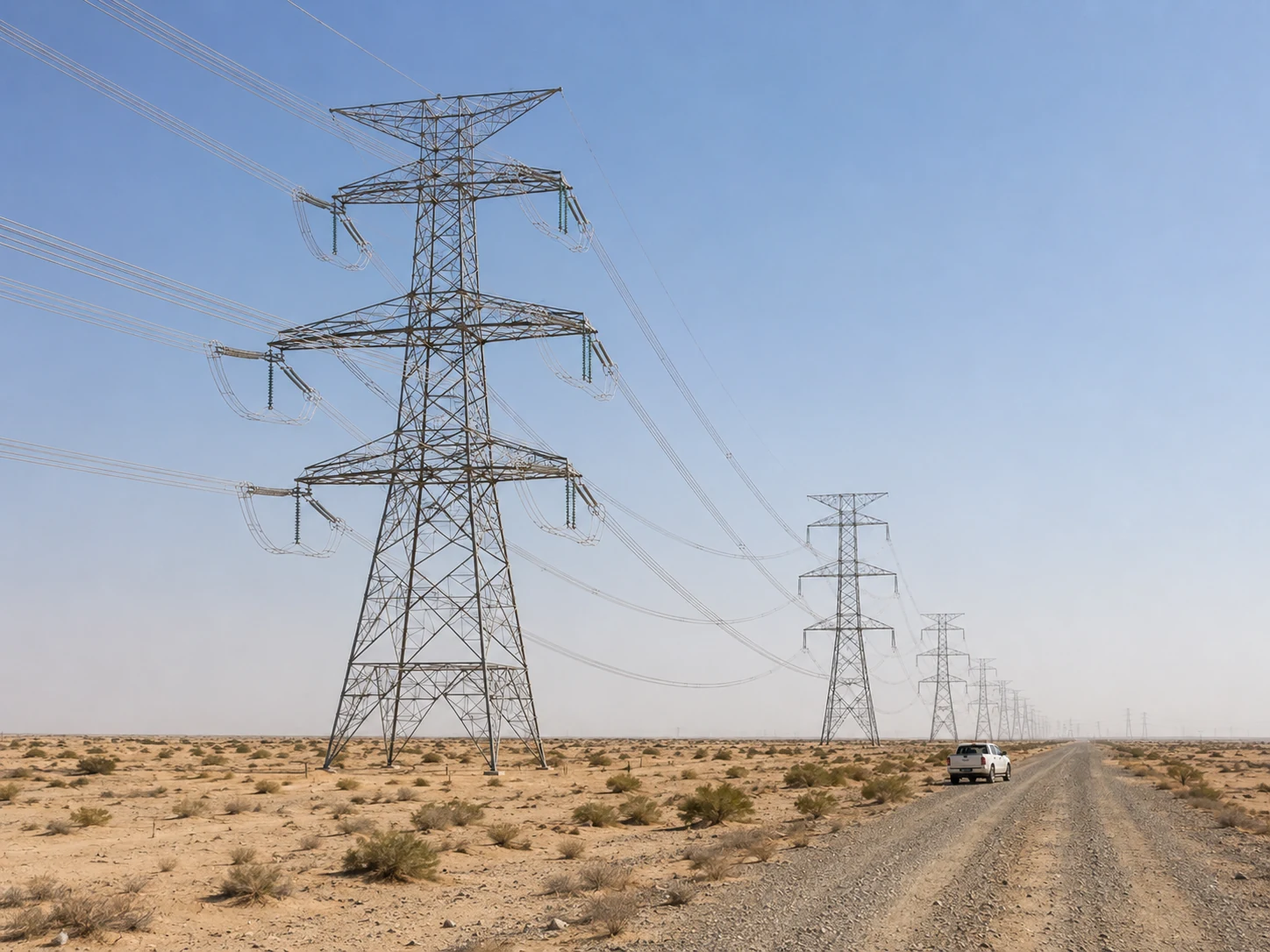 220kV double-circuit transmission line across a desert corridor in the UAE